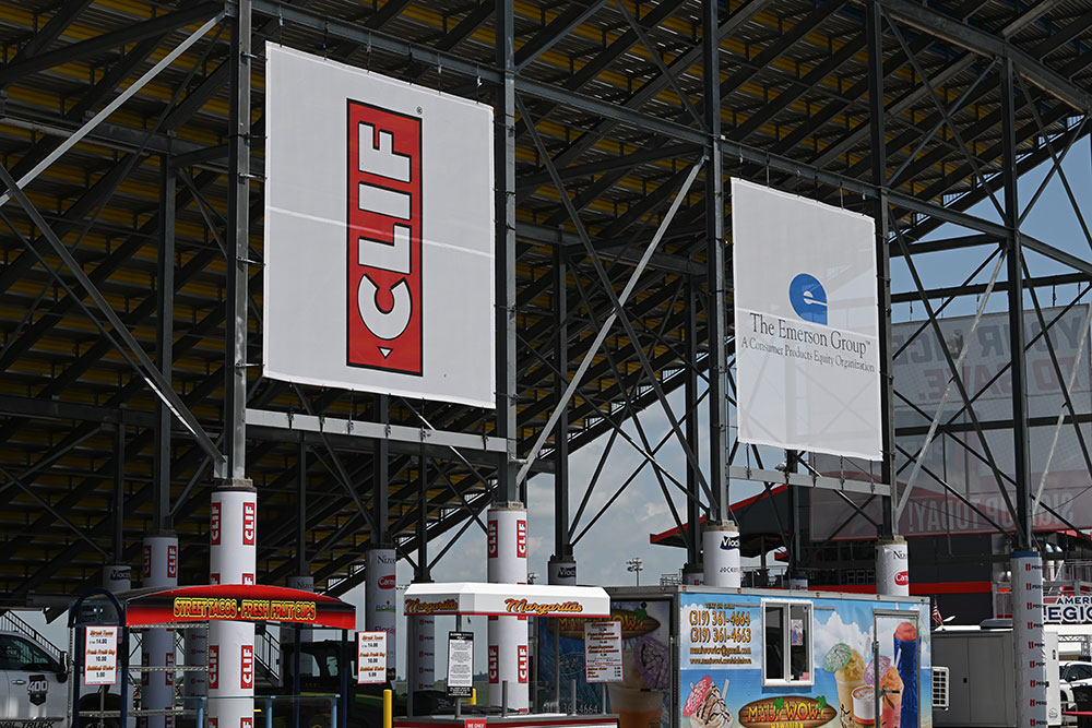 Signage on the back of the grandstands